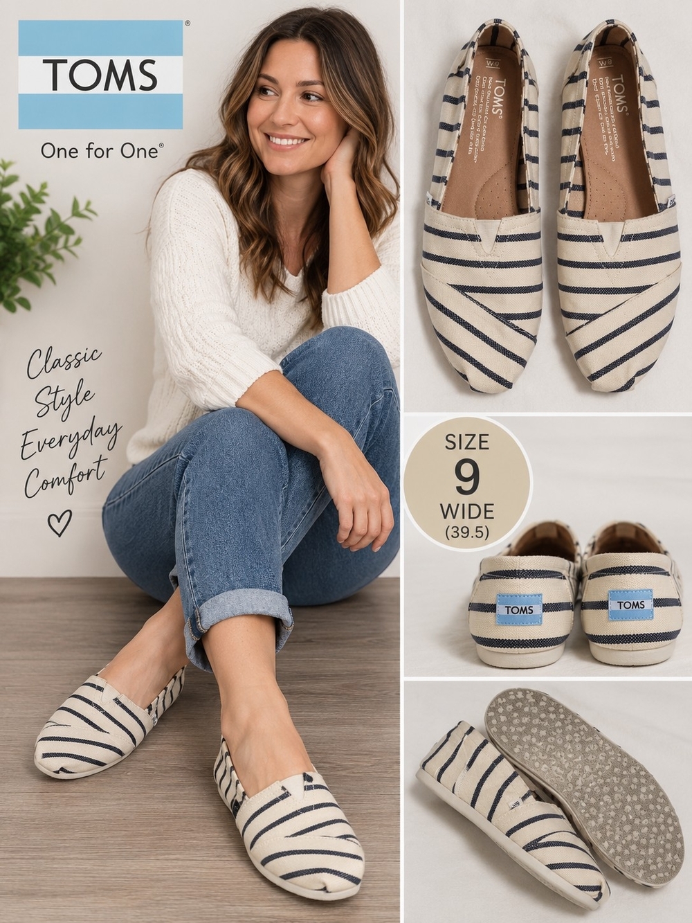 Toms Women's size 9 wide beige striped flats shoes #33